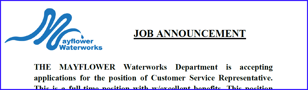 Flyer link for Water Works Customer Service position opening.